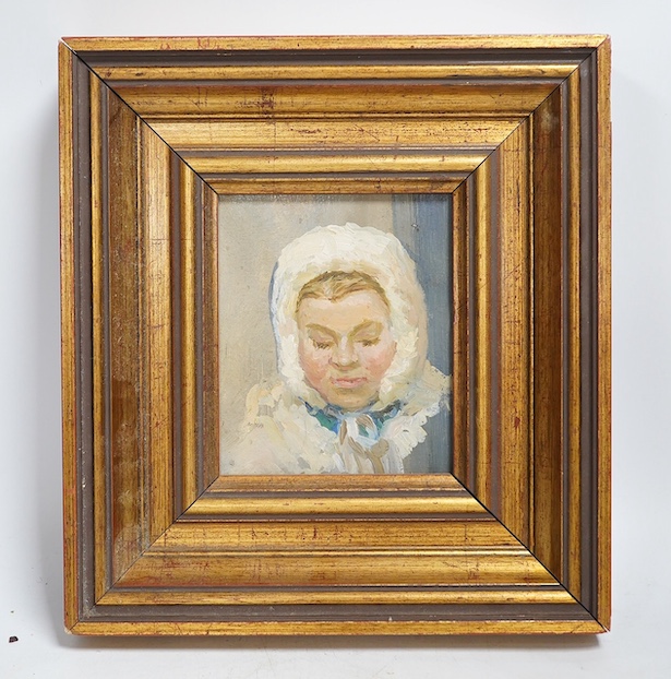 Anna Akishina (Russian, 1910-1992), oil on board, Study of a child, unsigned, 14 x 12cm. Condition - good